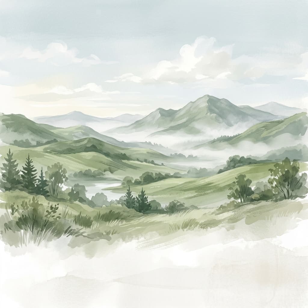 Misty green hills landscape